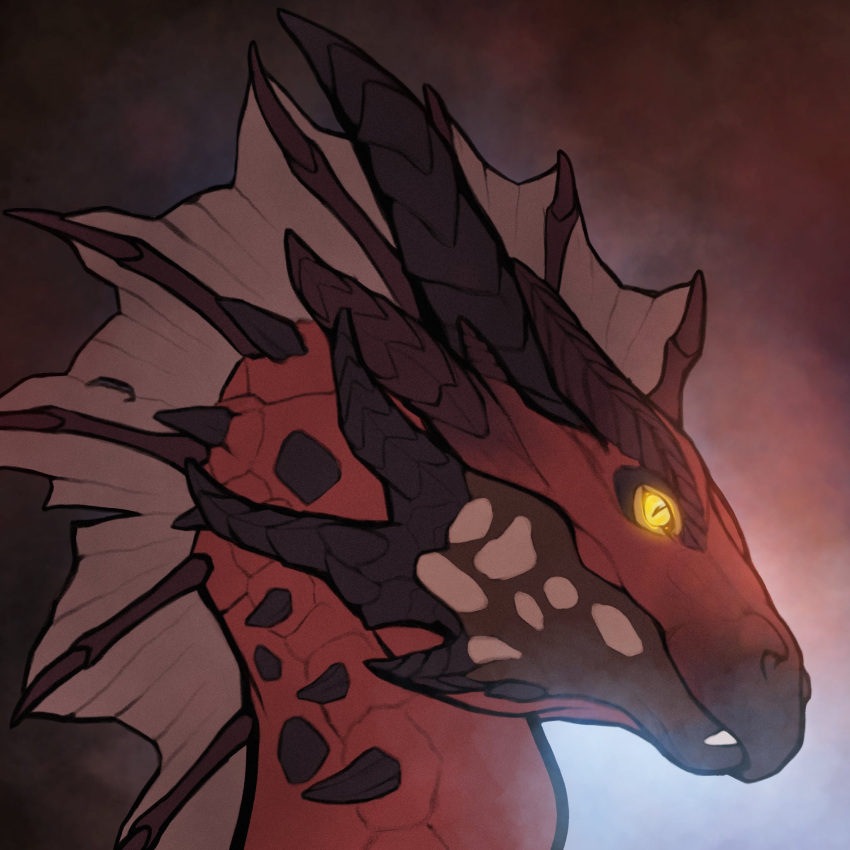 1:1 ambiguous_gender brown_horn dragon fangs feral frill_(anatomy) glistening glistening_eyes glowing glowing_eyes head_crest head_frill hi_res horn khyaber mouth_closed neck_frill pupils red_body ridged_horn side_view simple_background slit_pupils solo teeth yellow_eyes