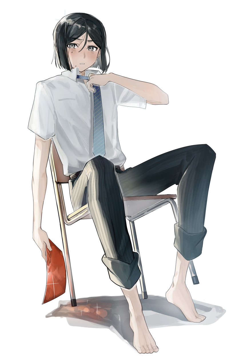 1boy absurdres barefoot black_hair black_pants blue_necktie blush chair clear_file_(object) collared_shirt fate/zero fate_(series) full_body glint grey_eyes hair_between_eyes highres holding hot male_focus necktie pants parted_lips shirt short_hair simple_background sitting solo striped_necktie sweatdrop tokoni_fusu undone_necktie waver_velvet white_shirt