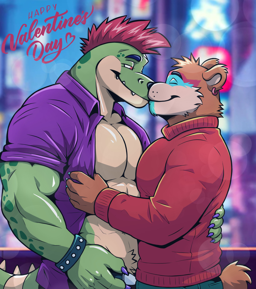 abs absurd_res andromorph animatronic anthro bear clothed clothing crocodile crocodilian crocodylid duo embrace eye_contact five_nights_at_freddy's five_nights_at_freddy's:_security_breach glamrock_freddy_(fnaf) hi_res holidays hug intersex kiss_on_lips kissing looking_at_another machine male male/male mammal mezzmar mohawk montgomery_gator_(fnaf) muscular open_clothing open_shirt open_topwear reptile robot scalie scottgames shirt smile steel_wool_studios sweater topwear valentine's_day