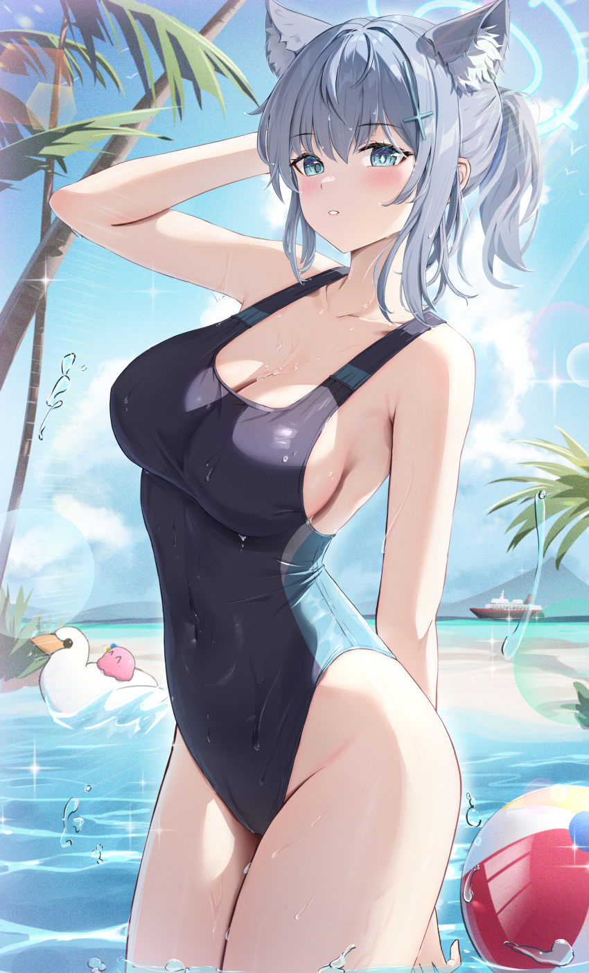 1girl absurdres animal_ear_fluff animal_ears ball bare_arms bare_legs bare_shoulders beachball black_one-piece_swimsuit blue_archive blue_eyes blush bocchi_the_rock! breasts cleavage competition_swimsuit cowboy_shot cross_hair_ornament crossover day extra_ears gotoh_hitori gotoh_hitori_(octopus) grey_hair groin hair_ornament halo highres medium_breasts medium_hair mismatched_pupils ocean official_alternate_costume one-piece_swimsuit open_mouth outdoors pharmarr shiroko_(blue_archive) shiroko_(swimsuit)_(blue_archive) sideboob solo swimsuit water wolf_ears