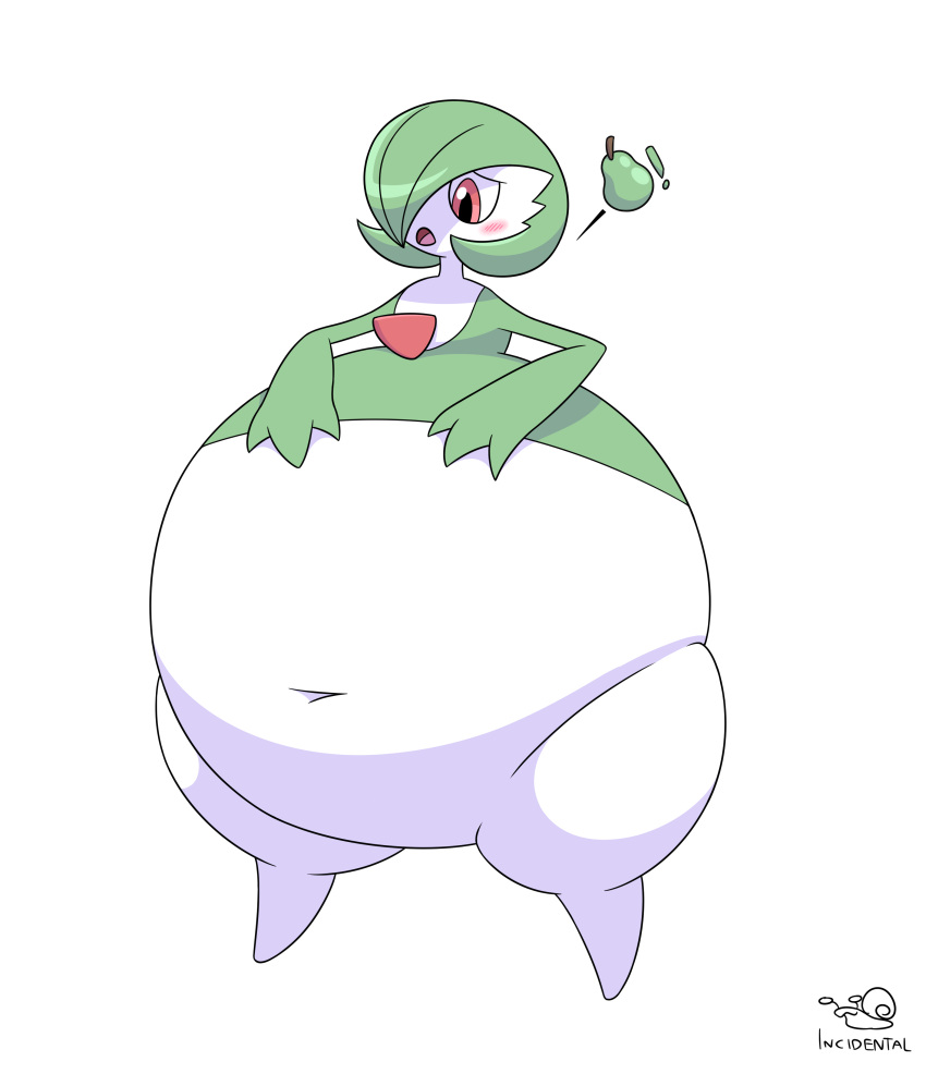 2022 absurd_res artist_logo belly belly_expansion belly_inflation big_belly blush bottomwear cel_shading clothing colored digital_media_(artwork) exclamation_point expansion female food fruit gardevoir generation_3_pokemon green_clothing green_hair hair hand_on_belly hand_on_own_belly hi_res huge_belly humanoid hyper hyper_belly incidental_(artist) inflation inflation_fetish logo looking_at_belly looking_at_own_belly looking_down looking_down_at_self navel nintendo not_furry open_mouth pear pear-shaped_figure pink_tongue plant pokemon pokemon_(species) red_eyes red_mouth serena_(incidental) shaded signature simple_background skirt solo thick_thighs tongue white_background white_body wide_hips