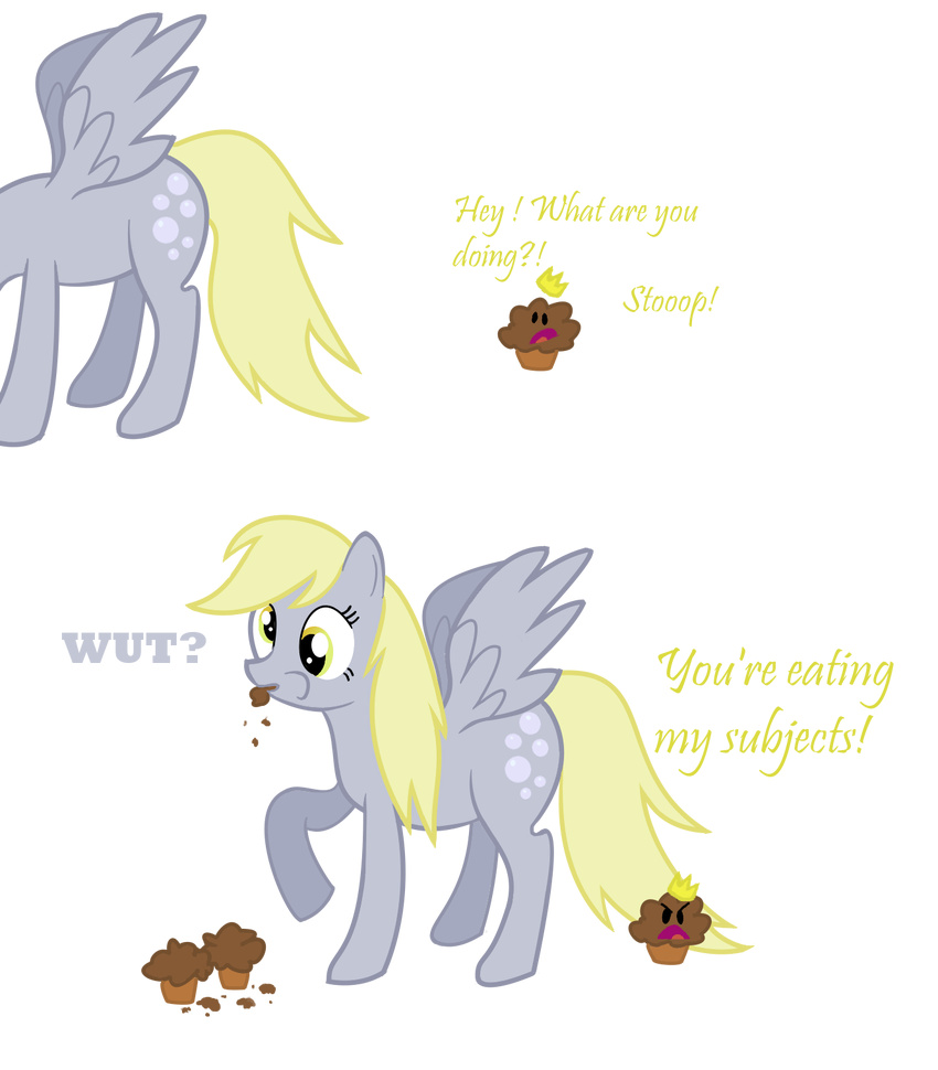 angry_muffin blonde_hair colored_text comic crown cutie_mark derpy_hooves_(mlp) eating english_text equine female feral food_chain friendship_is_magic grey_body hair hasbro horse mammal merejump muffin_king muffins my_little_pony pegasus plain_background pony solo text transparent_background wings wut? yellow_eyes