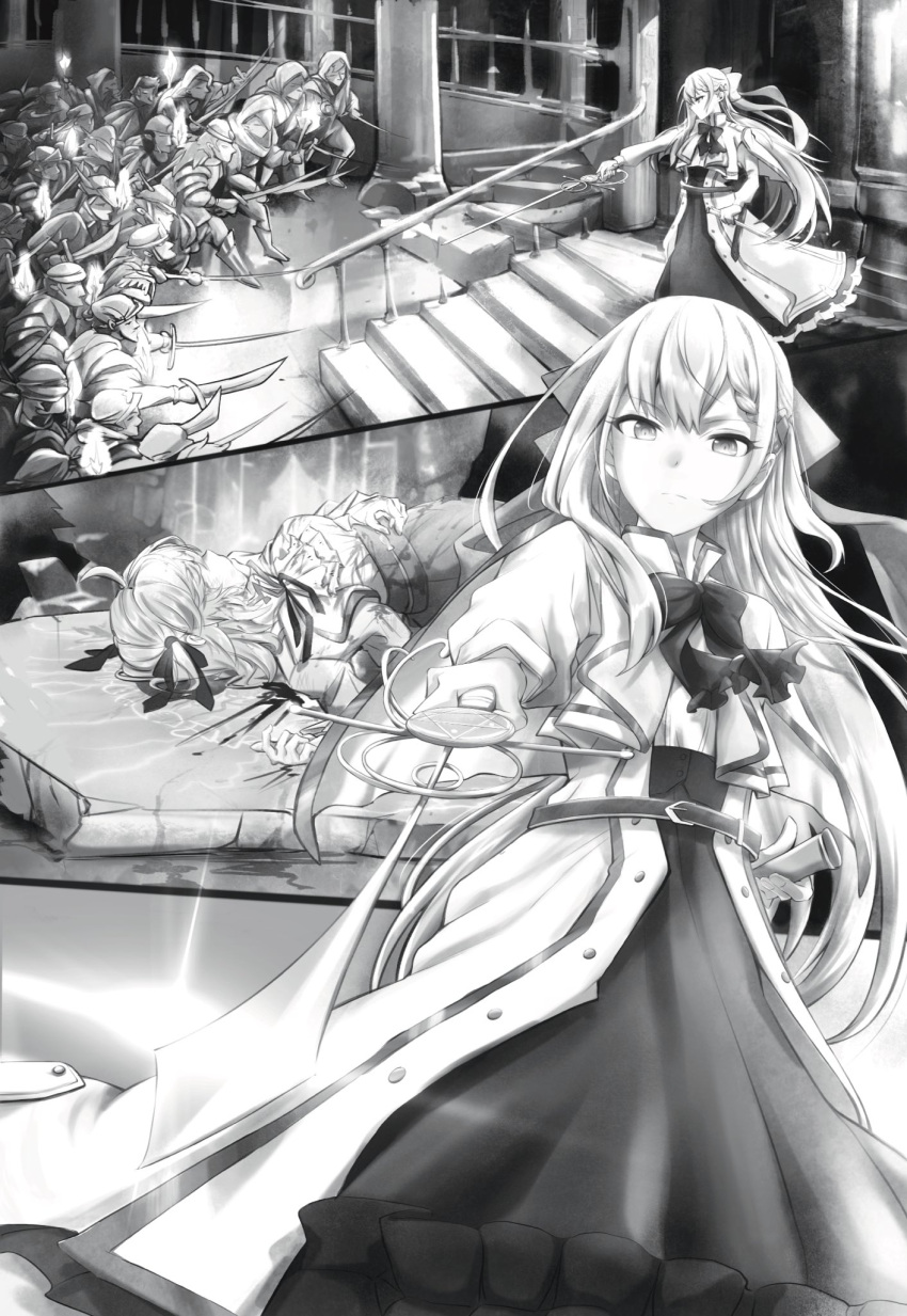 2girls 6+boys anisphia_wynn_palettia belt blood bow bowtie chinese_commentary closed_mouth commentary_request crowd dress euphyllia_magenta greyscale hair_ribbon high-waist_skirt highres holding holding_sword holding_weapon injury long_hair long_sleeves looking_at_viewer lying medium_hair monochrome multiple_boys multiple_girls neck_ribbon on_back qqwan120 railing ribbon shirt skirt stairs sword tensei_oujo_to_tensai_reijou_no_mahou_kakumei torch weapon