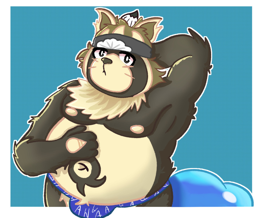 anthro belly bulge canid canine fur hi_res lifewonders live_a_hero male male/male mammal nipples raccoon_dog shoen simple_background solo tanuki zamir503