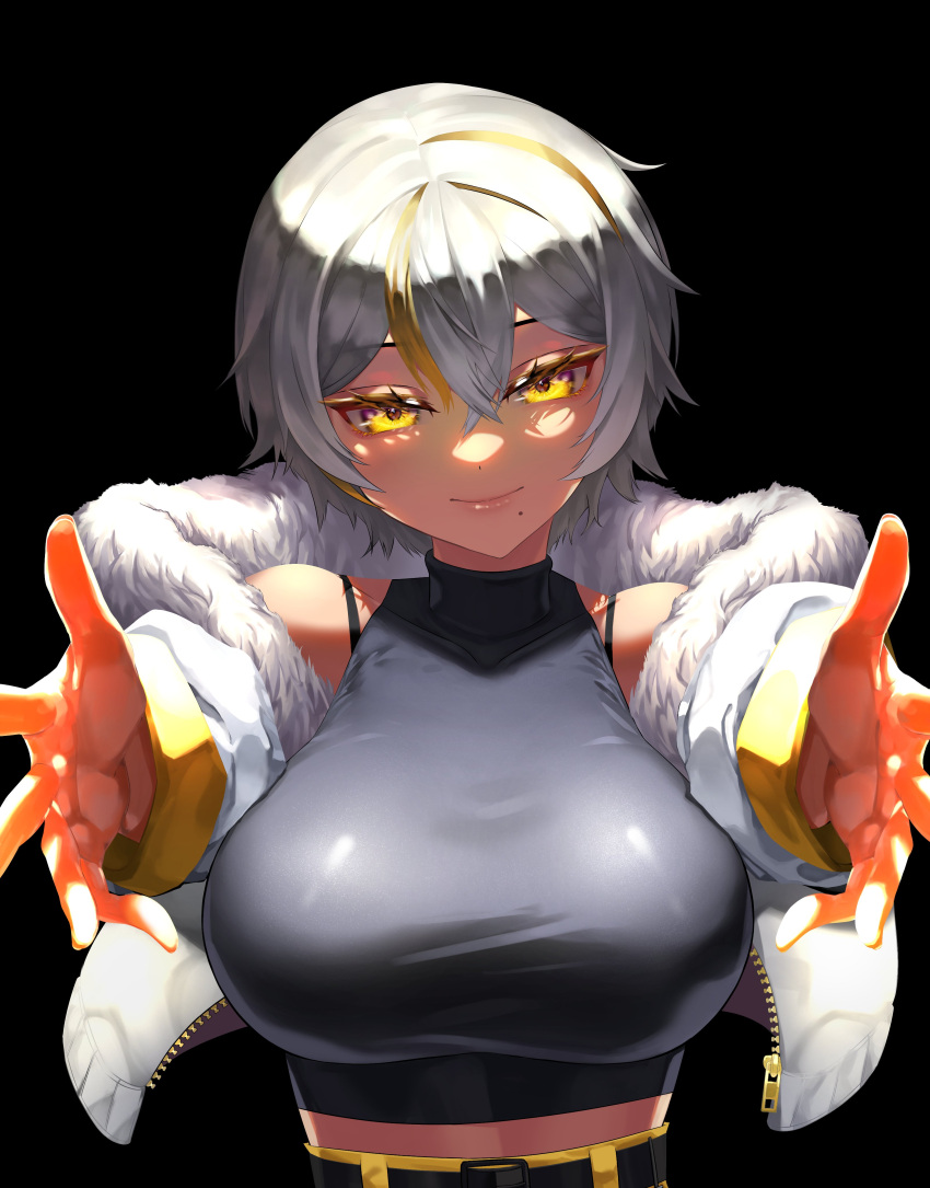 1girl absurdres artist_request belt black_background black_belt blonde_hair breasts closed_mouth crop_top cropped_jacket crossed_bangs fur-trimmed_jacket fur_trim grey_hair hair_between_eyes highres jacket large_breasts lips luvdia mole mole_under_mouth park_dona reaching reaching_towards_viewer shirt short_hair sleeveless sleeveless_shirt smile solo taut_clothes taut_shirt turtleneck upper_body virtual_youtuber white_jacket yellow_eyes zipper zipper_pull_tab