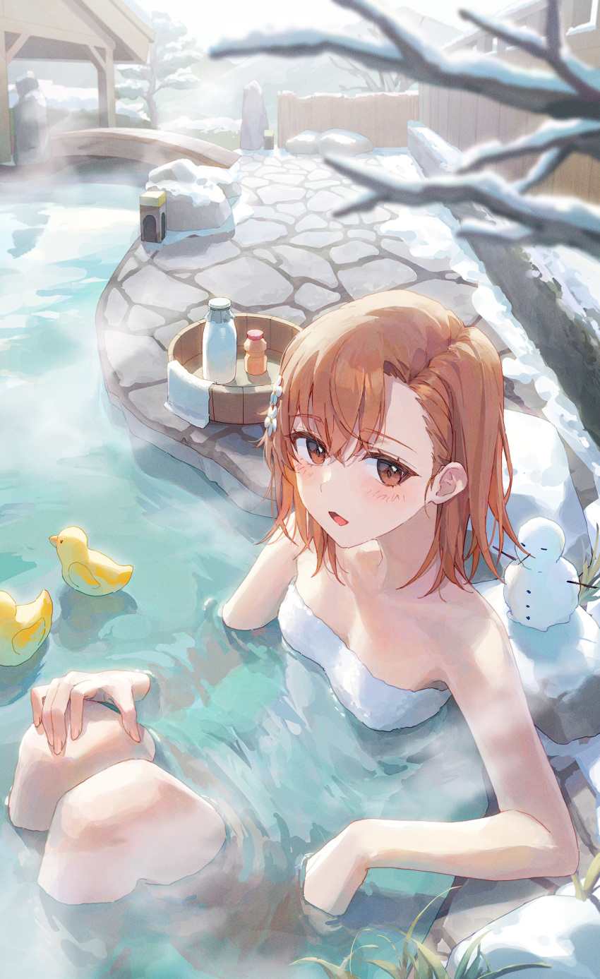 1girl absurdres asymmetrical_bangs blush bottle breasts bucket highres knees_up looking_at_viewer milk_bottle misaka_mikoto naked_towel nyamunyamu onsen orange_hair outdoors partially_submerged refraction rubber_duck sitting small_breasts snow snowman solo toaru_kagaku_no_railgun toaru_majutsu_no_index towel white_towel wooden_bucket yakult