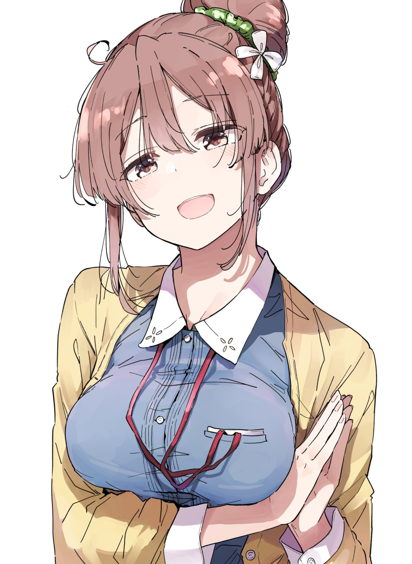 1girl arm_under_breasts blue_shirt blush breasts brown_hair cardigan hair_bun highres lanyard large_breasts looking_at_viewer nyoijizai own_hands_together palms_together sakura_quest shinomiya_shiori shirt sidelocks simple_background single_hair_bun smile solo upper_body white_background yellow_cardigan