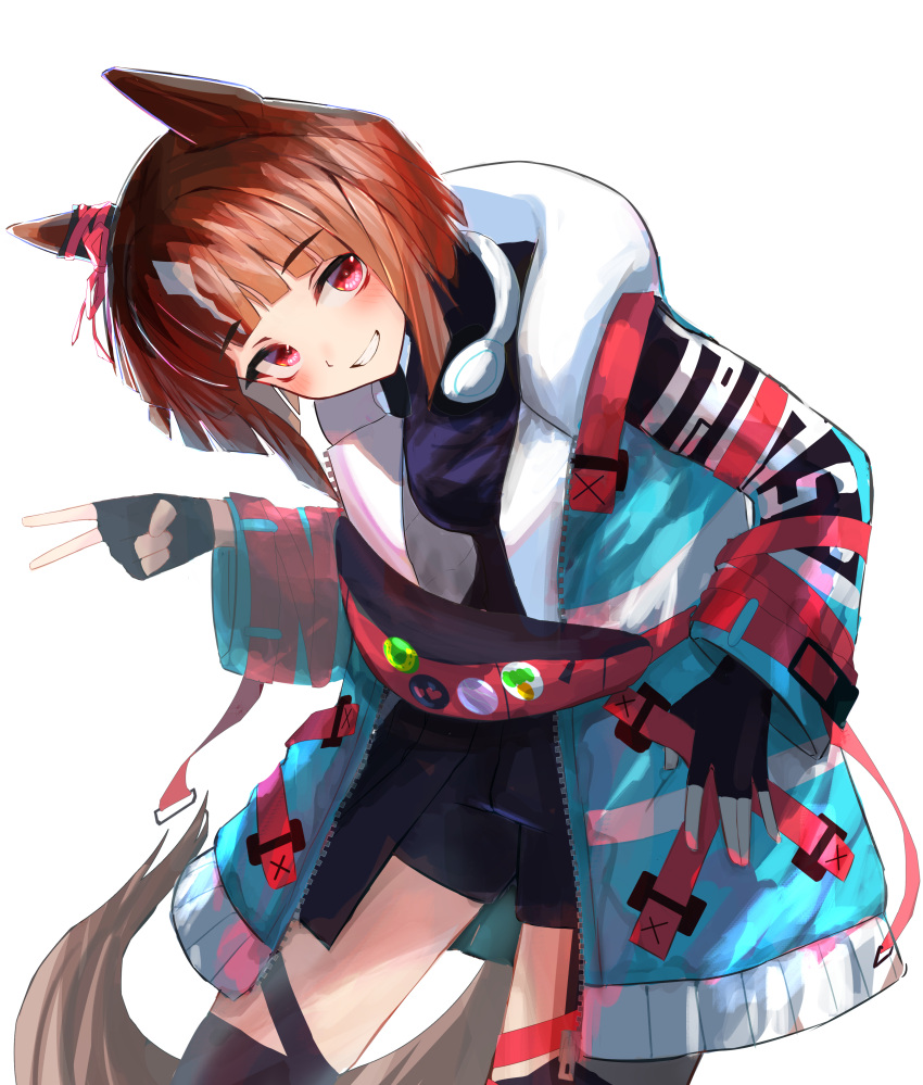 1girl absurdres animal_ears black_gloves black_shirt black_shorts blush breasts brown_hair coat cowboy_shot ear_ornament fanny_pack fingerless_gloves gloves grin headphones headphones_around_neck highres horse_ears horse_girl horse_tail leaning_to_the_side long_sleeves open_clothes open_coat rakasei5050 red_eyes shirt short_hair shorts simple_background small_breasts smile solo standing tail thighhighs transcend_(umamusume) umamusume w white_background