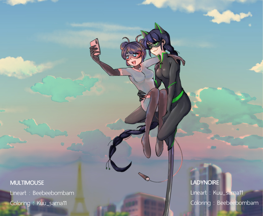 animal_ears beebeebombam black_bodysuit black_hair black_mask blue_eyes blue_hair blue_sky bodysuit braid cat_ears cat_girl cloud cloudy_sky double_bun green_eyes grey_bodysuit grey_mask hair_bun holding holding_phone lady_noir long_hair marinette_dupain-cheng mask miraculous_ladybug multimouse_(character) phone simple_background single_braid sitting sky slit_pupils smile superhero_costume