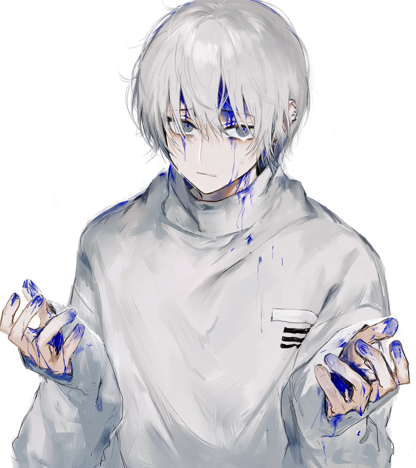1boy absurdres clenched_teeth ear_piercing grey_eyes hands_up highres looking_to_the_side male_focus original panicking piercing shirt simple_background suechimu teeth upper_body white_background white_hair white_shirt