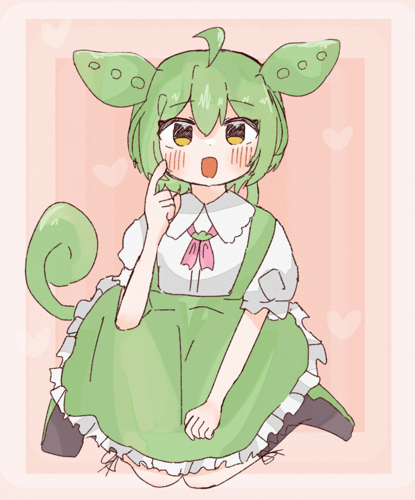 1girl ahoge animal_ears apron black_footwear blush border collared_shirt frilled_apron frills futon_(o00_ux) green_apron green_hair green_suspenders hair_between_eyes hand_on_lap heart highres index_finger_raised long_hair low_ponytail open_mouth pink_background puffy_short_sleeves puffy_sleeves shirt short_sleeves sitting smile solo suspenders voicevox wariza white_border white_shirt yellow_eyes zundamon