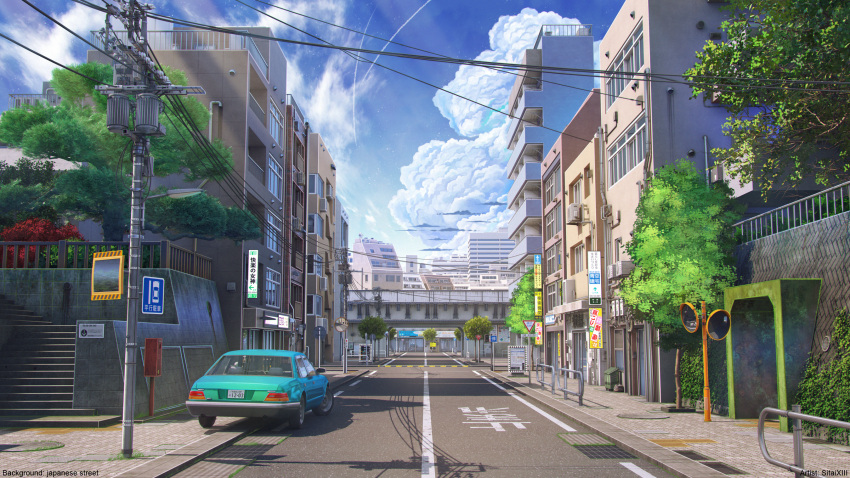 3d apartment balcony blue_sky bridge building car city cloud contrail cumulonimbus_cloud day highres mixed-language_commentary motor_vehicle no_humans original outdoors power_lines railing road road_sign scenery shrine sidewalk sign sitai_xiii sky stairs summer traffic_mirror tree utility_pole window