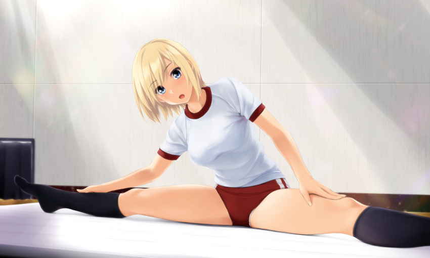 1girl black_socks blonde_hair blue_eyes buruma commentary_request feet_out_of_frame gym_uniform hair_between_eyes indoors kneehighs leaning_to_the_side looking_at_viewer mattress no_shoes nonaka_ritsu open_mouth original red_buruma shirt short_sleeves socks solo split white_shirt