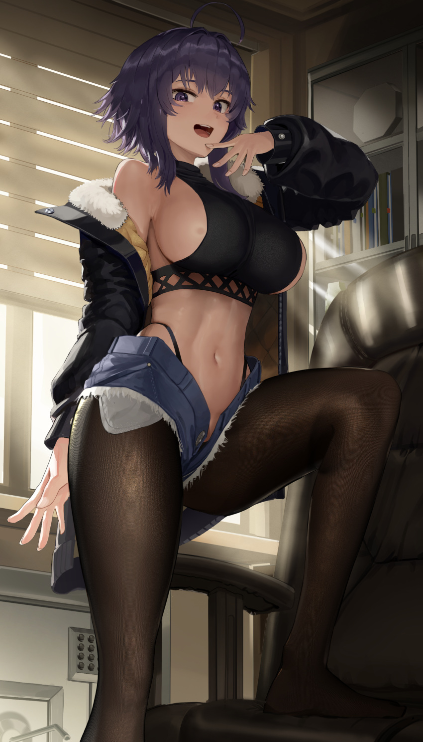1girl :d absurdres arm_behind_back bare_shoulders black_jacket black_panties breasts commission crop_top day from_below fur-trimmed_jacket fur_trim goback groin hair_between_eyes hand_up highleg highleg_panties highres hip_focus indoors jacket large_breasts leg_up looking_at_viewer looking_down medium_hair messy_hair micro_shorts midriff navel off_shoulder on_chair open_clothes open_jacket open_shorts original panties pantyhose purple_eyes purple_hair shorts sideboob single_bare_shoulder smile smug solo standing standing_on_chair teeth thighs underwear upper_teeth_only