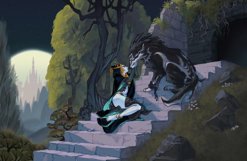 1boy 1girl anklet barefoot blue_skin broken_handcuffs castle cloak colored_skin grass infantplanet jewelry link looking_at_another midna midna_(true) multicolored_skin orange_hair rock ruins smile stairs the_legend_of_zelda the_legend_of_zelda:_twilight_princess tree two-tone_skin wolf wolf_link