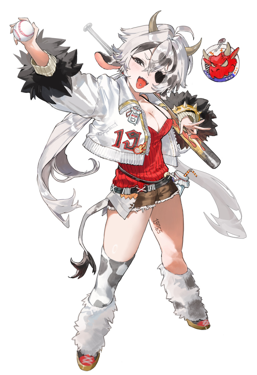 1girl :d absurdres ahoge animal_ears arm_up asymmetrical_legwear ball baseball baseball_bat baseball_jersey black_eyes black_hair bracelet breasts brown_shorts cleavage cow_ears cow_girl cow_horns cow_tail cropped_jacket crossed_bangs drinking_straw emblem eyepatch fangs from_above full_body fur-trimmed_jacket fur-trimmed_sleeves fur_trim half-closed_eye heart heart_eyepatch highres holding holding_ball horns jacket jewelry leg_warmers legs_apart looking_at_viewer low_twintails multicolored_hair number_tattoo one_eye_covered open_clothes open_jacket open_mouth original outstretched_arm piercing seeshin_see shoes short_shorts shorts simple_background single_thighhigh smile solo spiked_bracelet spikes standing streaked_hair tail tattoo thighhighs tongue_piercing twintails two-tone_hair uneven_legwear v white_background white_hair white_jacket zipper zipper_pull_tab