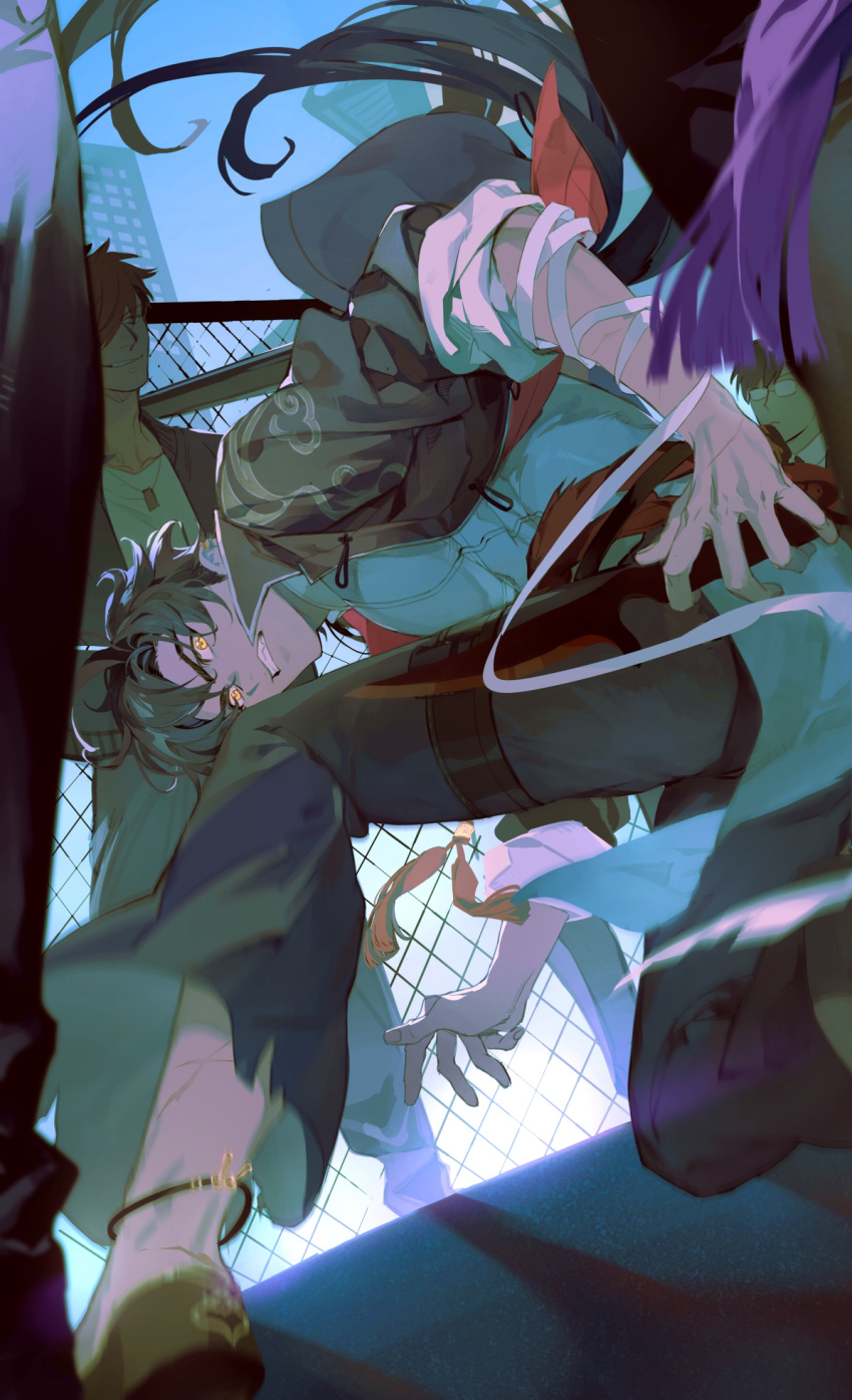 1boy ankle_strap bandaged_arm bandages black_hair black_jacket black_pants chinese_clothes from_below frown gyou_chin highres jacket looking_at_viewer looking_down low_ponytail male_focus original pants road street thigh_strap yellow_eyes
