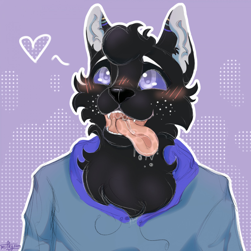1:1 anthro black_body black_fur black_nose blue_clothing blue_eyes blue_hoodie blue_topwear blush blush_lines bodily_fluids canid canine canis clothing domestic_dog dotted_background drooling fur heart_symbol hi_res hoodie male mammal multicolored_ears pattern_background pink_tongue saliva simple_background solo starsurfer tongue topwear white_freckles