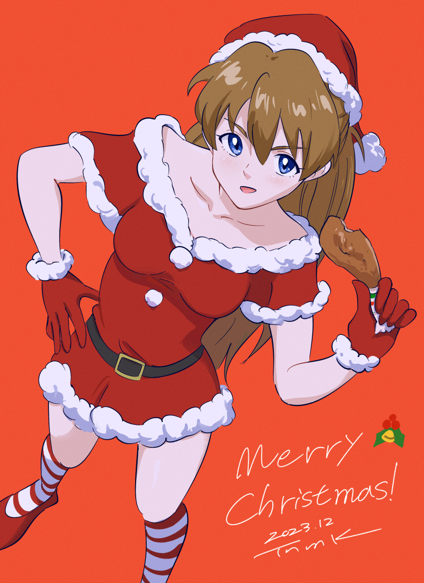 1girl 2023 :d absurdres belt black_belt blue_eyes brown_hair collarbone dated dress fur-trimmed_dress fur-trimmed_gloves fur-trimmed_headwear fur_trim gloves hair_between_eyes hand_on_own_hip hat highres kneehighs long_hair merry_christmas neon_genesis_evangelion open_mouth orange_background red_dress red_footwear red_gloves red_hat santa_costume santa_hat short_dress short_sleeves simple_background smile socks solo souryuu_asuka_langley standing striped_clothes striped_socks tsunemoku very_long_hair