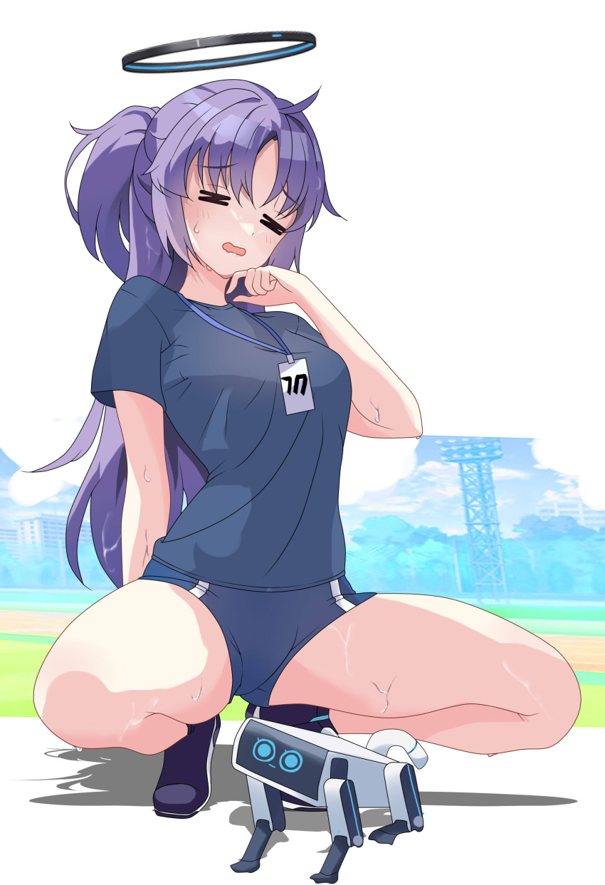 1girl absurdres black_footwear black_shirt blue_archive blue_buruma buruma closed_eyes commentary_request gym_uniform highres lanyard long_hair maxwelzy official_alternate_costume open_mouth outdoors purple_hair shirt short_sleeves sidelocks spread_legs squatting sweat thighs track_and_field two_side_up wavy_mouth yuuka_(blue_archive) yuuka_(track)_(blue_archive)