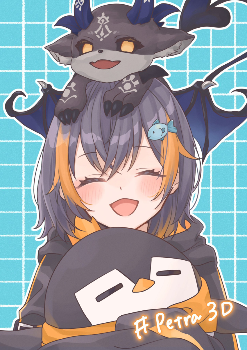 1girl 1other black_hair blush closed_eyes crown debidebi_debiru demon_horns demon_tail demon_wings english_text fangs fish_hair_ornament hair_between_eyes hair_ornament highres hood hoodie horns jako_o mini_crown multicolored_hair nijisanji nijisanji_en on_person open_mouth pentomo_(petra_gurin) petra_gurin petra_gurin_(1st_costume) skin_fangs sleeves_past_fingers sleeves_past_wrists streaked_hair tail wings