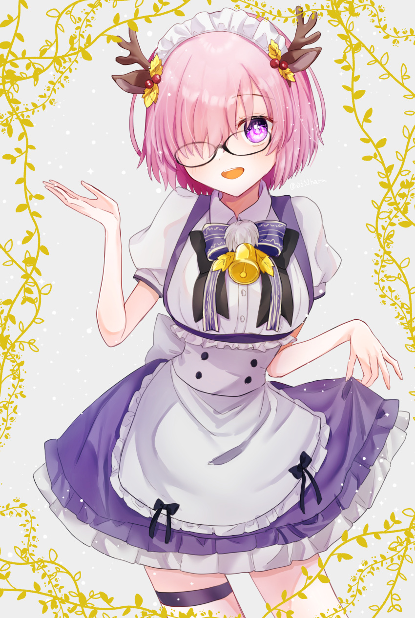 1girl :d absurdres animal_ears antlers apron black-framed_eyewear black_bow black_bowtie bow bowtie deer_ears dress_shirt fate/grand_order fate_(series) glasses hair_ornament harukappa highres horns looking_at_viewer maid_headdress mash_kyrielight miniskirt open_mouth pink_eyes pink_hair purple_bow purple_bowtie purple_skirt reindeer_antlers shirt short_hair short_sleeves skirt smile solo standing suspender_skirt suspenders thigh_strap waist_apron white_apron white_shirt