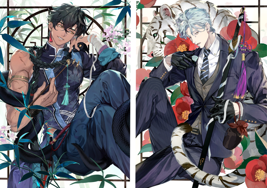 1boy 2boys absurdres arm_tattoo bandaged_arm bandages black_gloves black_hair chinese_clothes dark_skin floral_background gloves gyou_chin highres katana low_ponytail male_focus multiple_boys multiple_views necktie o-ring_arm_strap original scar_on_shoulder sitting sleeveless slit_pupils smoking_pipe suit sword tattoo tiger weapon white_hair yaoi yellow_eyes