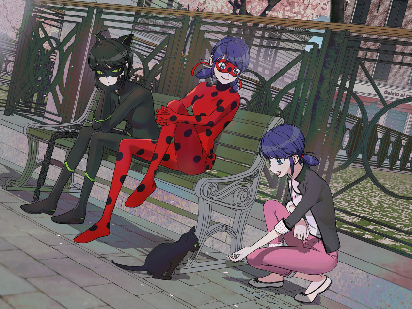 3girls animal_ears black_bodysuit black_cat black_hair black_mask blazer bodysuit braid cat cat_ears cat_girl closed_mouth green_eyes highres jacket lady_noir ladybug_(character) lb_black22 long_hair marinette_dupain-cheng mask miraculous_ladybug multiple_girls open_clothes open_jacket pants pink_pants red_bodysuit red_mask shirt short_twintails simple_background single_braid sitting slit_pupils smile superhero_costume twintails white_shirt