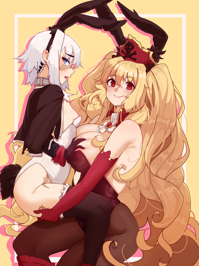 2girls absurdres animal_ears anne_bonny_(fate) areola_slip bare_shoulders black_jacket black_thighhighs blonde_hair blue_eyes blush breasts brooch brown_pantyhose cleavage collar detached_collar elbow_gloves fake_animal_ears fate/grand_order fate_(series) gloves grabbing grabbing_another's_breast grey_hair hairband hat highres jacket jewelry large_breasts leotard long_hair long_sleeves looking_at_viewer mary_read_(fate) multiple_girls open_mouth pantyhose pirate_hat playboy_bunny rabbit_ears rabbit_tail red_eyes red_gloves red_leotard scar short_hair smile tail thighhighs todding very_long_hair wavy_hair white_leotard yuri