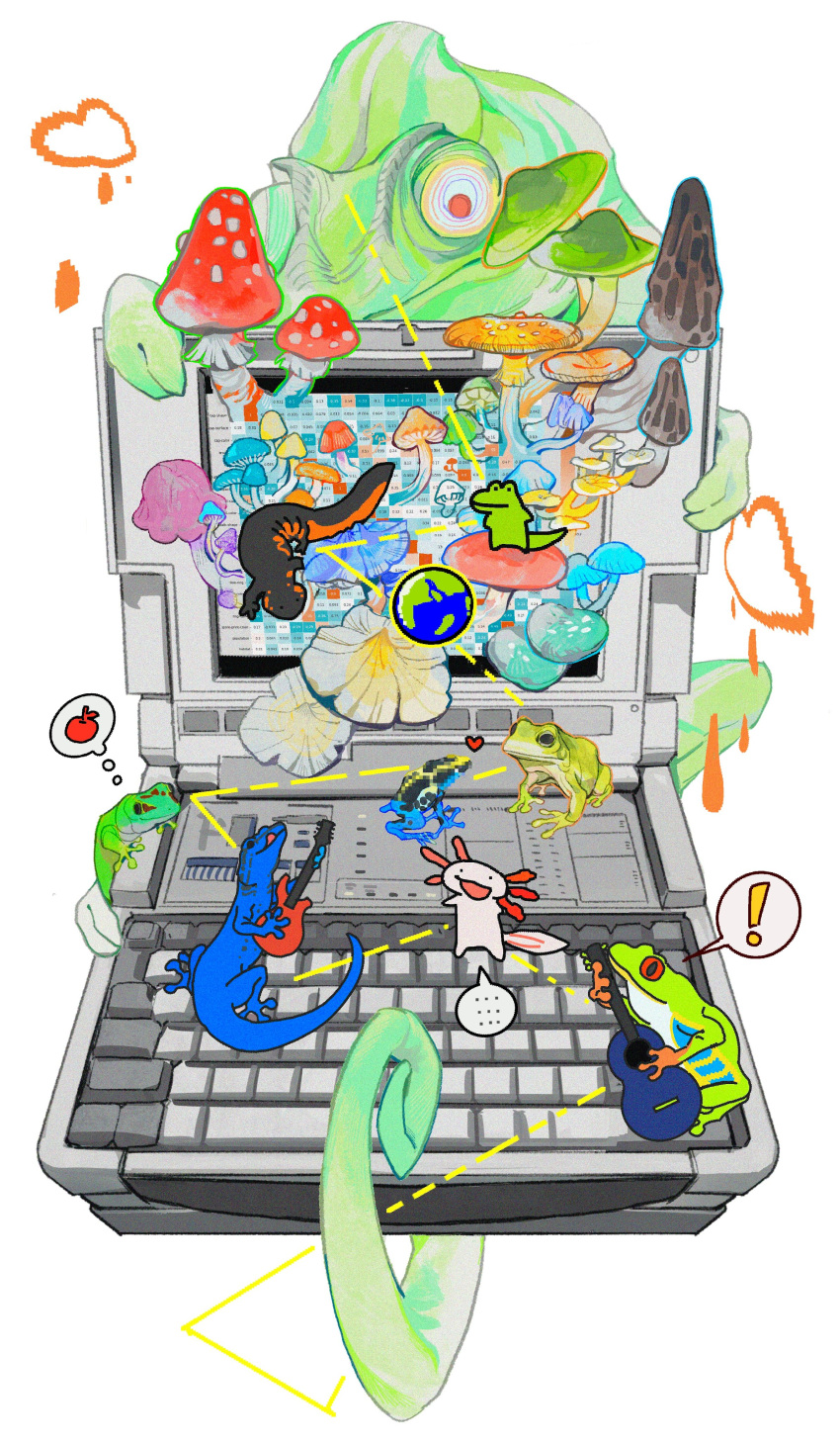 2023 absurd_res amphibian anthro apple axolotl chibi computer curled_tail digital_drawing_(artwork) digital_media_(artwork) electronics ellipsis exclamation_point feral food frog fruit fungus gecko grid guitar heart_symbol hi_res iguanid keyboard laptop lizard looking_at_object marine mole_salamander multiple_styles mushroom musical_instrument nightcrow pixelated plant playing_guitar playing_music plucked_string_instrument red_eyes red_sclera reptile retro_computer salamander scalie simple_background speech_bubble string_instrument surreal surrealism tail thought_bubble vintage what white_background