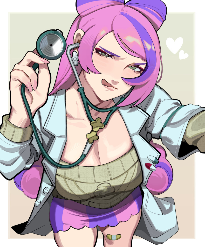 absurdres bandaid bandaid_on_leg breasts cleavage coat double_bun earrings from_above green_eyes green_sweater hair_bun hand_up highres holding holding_stethoscope jewelry lab_coat large_breasts long_hair looking_at_viewer miriam_(pokemon) multicolored_hair open_clothes open_coat pink_hair pink_skirt pokemon pokemon_sv porqueloin pov purple_hair purple_skirt skirt stethoscope sweater tongue tongue_out two-tone_hair two-tone_skirt white_coat