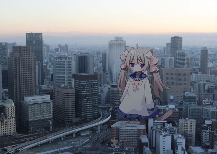 1girl ahoge animal_ear_fluff animal_ears blue_sailor_collar bow brown_hair brown_pantyhose building cat_ears cat_girl cat_tail cityscape closed_mouth cloud commentary_request day dress giant giantess hair_ribbon long_hair long_sleeves nakkar original osaka_(city) outdoors pantyhose photo_background pink_bow pink_ribbon puffy_long_sleeves puffy_sleeves purple_eyes ribbon road sailor_collar sailor_dress sky skyscraper sleeves_past_wrists solo standing tail twintails twitter_username very_long_hair watermark white_dress