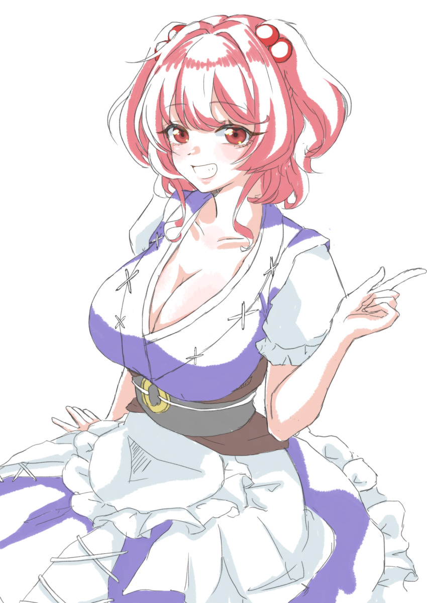 0002koko 1girl absurdres breasts cleavage collarbone dress frilled_dress frilled_kimono frills highres japanese_clothes kimono large_breasts looking_at_viewer onozuka_komachi open_mouth puffy_short_sleeves puffy_sleeves red_eyes red_hair short_sleeves simple_background smile solo touhou two_side_up white_background