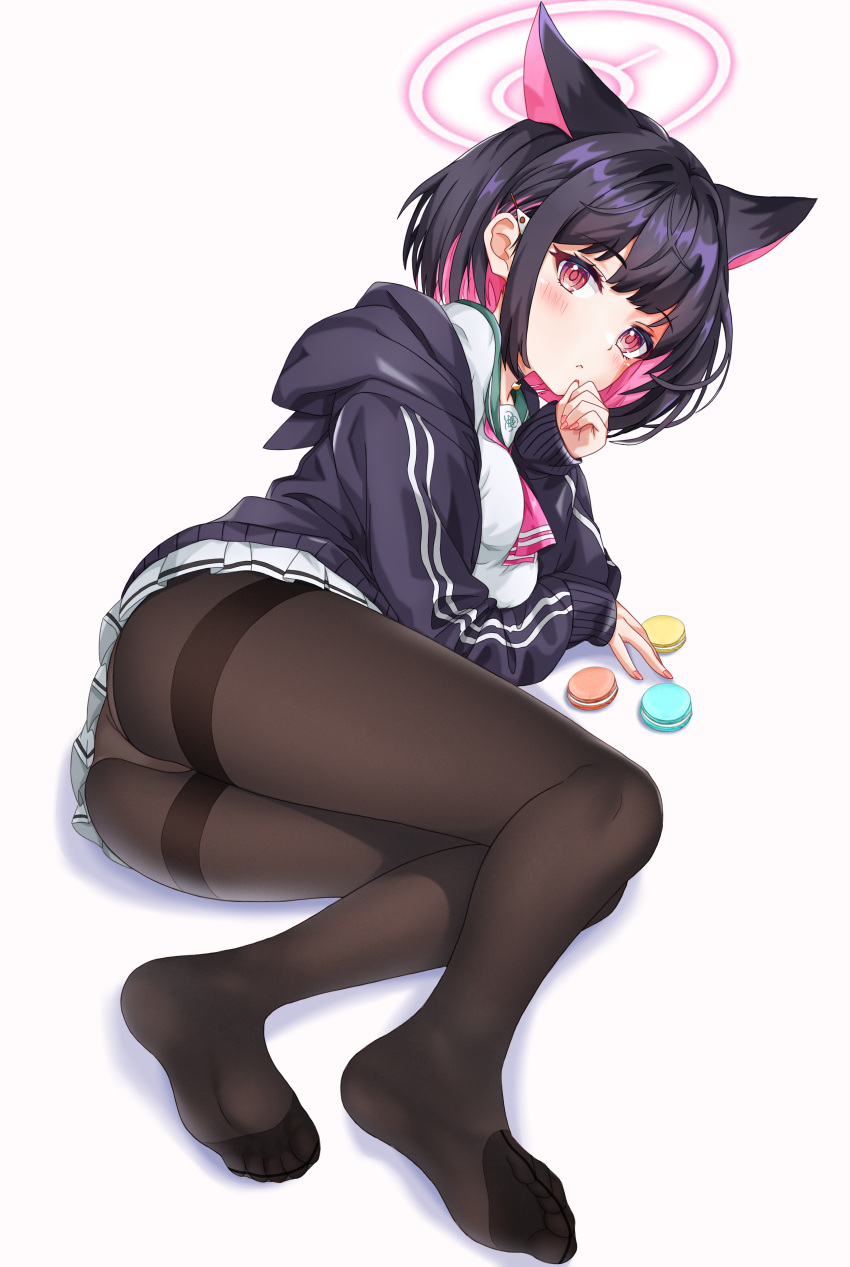 1girl absurdres animal_ears ass black_choker black_hair black_hoodie black_jacket black_pantyhose blue_archive blush breasts cat_ears choker colored_inner_hair commentary_request extra_ears feet food full_body green_sailor_collar halo highres hood hood_down hooded_jacket hoodie jacket kazusa_(blue_archive) legs long_sleeves looking_at_viewer lying macaron miniskirt multicolored_hair neckerchief no_shoes on_side panties panties_under_pantyhose pantyhose pink_eyes pink_hair pink_halo pink_neckerchief pleated_skirt red_eyes sailor_collar school_uniform shirt short_hair simple_background skirt sleeves_past_wrists soles solo thighband_pantyhose toes two-tone_hair underwear white_background white_panties white_skirt yuki_kokoro