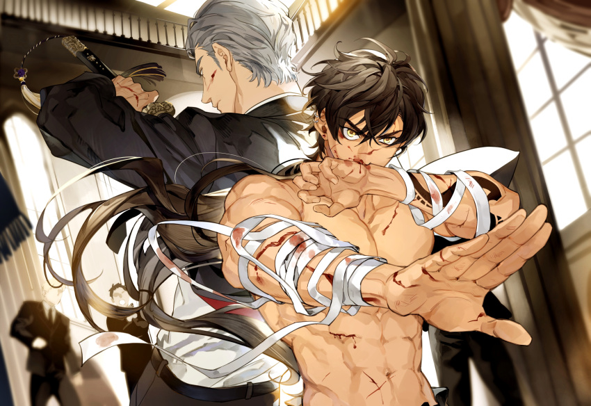 1boy 2boys abs bandaged_arm bandages bare_shoulders battle blood blood_on_arm blood_on_face gyou_chin highres low_ponytail male_focus multiple_boys muscular original pectorals tattoo thick_eyebrows yaoi