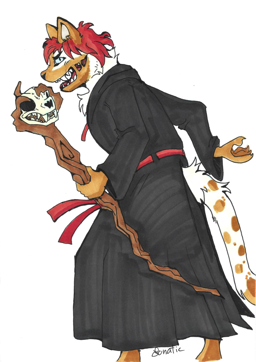2024 absurd_res anthro atelierlunatic black_clothing black_robe blue_eyes bone clothed clothing colored conchobhar domestic_cat felid feline felis fully_clothed fur grin hair hi_res holding_object holding_staff magic_user male mammal marker_(artwork) markings multicolored_body multicolored_fur necromancer open_mouth orange_body orange_fur pen_(artwork) red_belt red_hair robe signature simple_background skull smile solo spots spotted_body spotted_fur staff teeth tongue traditional_media_(artwork) two_tone_body two_tone_fur white_background white_body white_fur