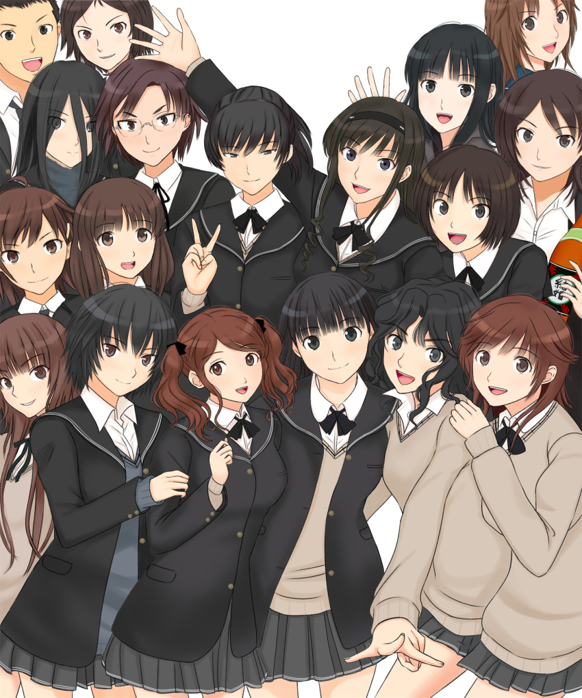 1boy 6+girls amagami ayatsuji_tsukasa ayatsuji_yukari black_bow black_bowtie black_eyes black_hair black_jacket black_sailor_collar blazer bow bowtie brown_eyes brown_hair closed_mouth copyright_name everyone grey_skirt grey_sweater hiba_manaka highres itou_kanae_(amagami) jacket kamizaki_risa kibito_high_school_uniform kurosawa_noriko long_hair long_sleeves looking_at_viewer makihara_mika miniskirt morishima_haruka multiple_girls nakata_sae nanasaki_ai open_mouth pleated_skirt sailor_collar sakurai_rihoko school_uniform shirt short_hair simple_background skirt smile standing sweater tachibana_miya takahashi_maya takemi_kaoru tanaka_keiko_(amagami) tanamachi_kaoru tsukahara_hibiki twintails umehara_masayoshi v white_background white_shirt yuzuki_ruriko