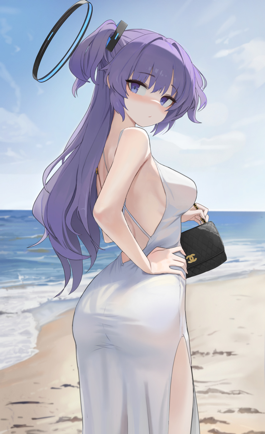 1girl absurdres ass back bag bare_shoulders beach blue_archive blue_sky blush breasts dolri dress hair_ornament halo handbag highres long_hair looking_at_viewer looking_back medium_breasts purple_eyes purple_hair shore side_slit sky solo two_side_up white_dress yuuka_(blue_archive)