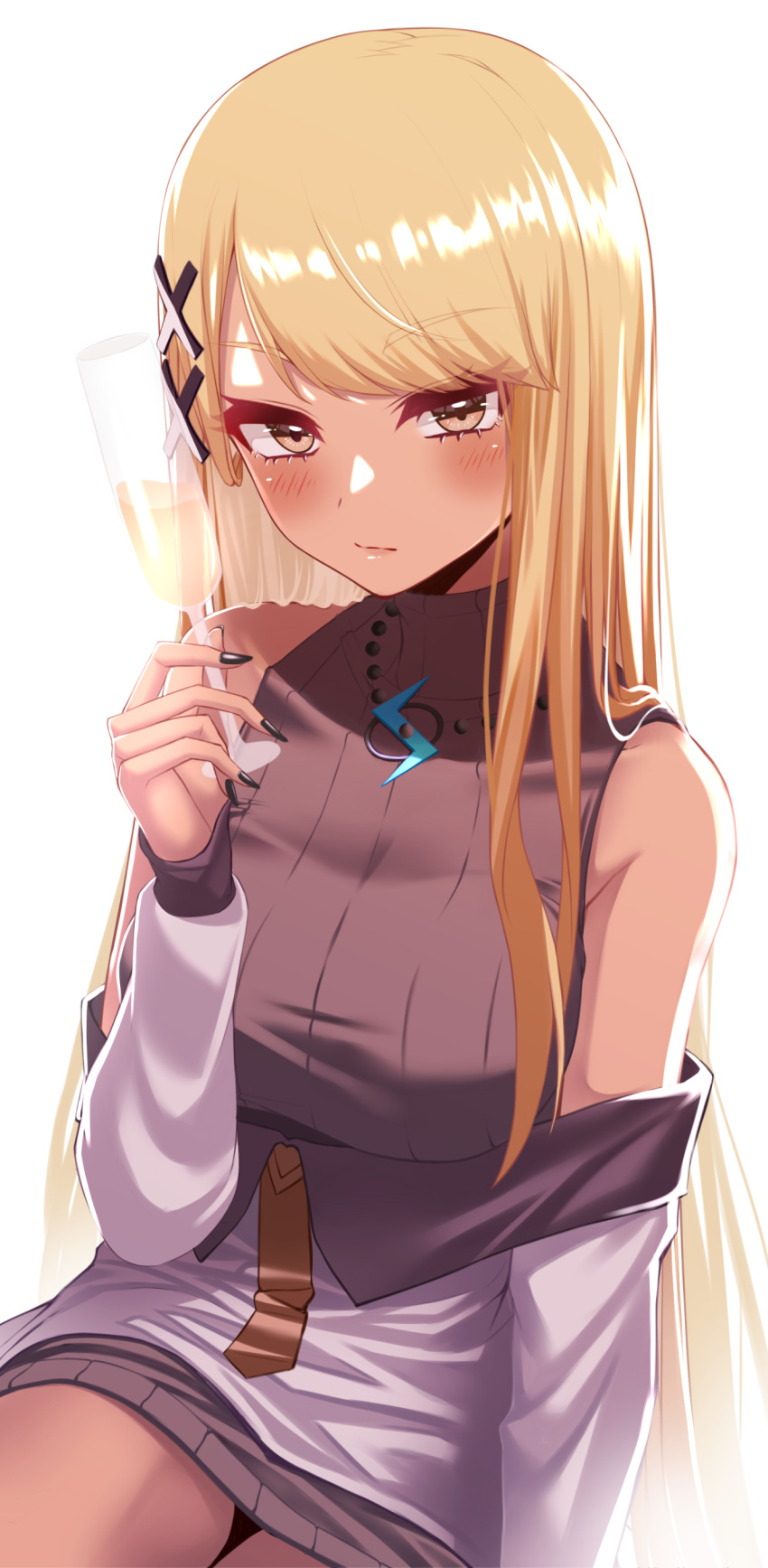 1girl absurdres alcohol black_sweater blonde_hair blush breasts champagne cup dark-skinned_female dark_skin expressionless gyaru highres holding holding_cup kaminari_qpi long_hair long_sleeves looking_at_viewer medium_breasts off_shoulder ribbed_sweater shirt simple_background sitting sleeveless sleeveless_sweater solo sweater takamiya_nao very_long_hair virtual_youtuber vspo! white_shirt