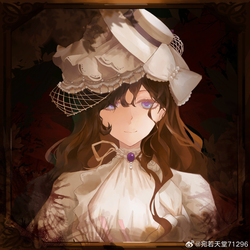 1girl absurdres black_background black_hair border bow closed_mouth curly_hair dress gown hat hat_bow highres isolde_(reverse:1999) long_hair looking_at_viewer purple_eyes reverse:1999 smile solo upper_body wanruo_tiantang_71296 weibo_logo weibo_username white_bow white_dress white_hat white_veil