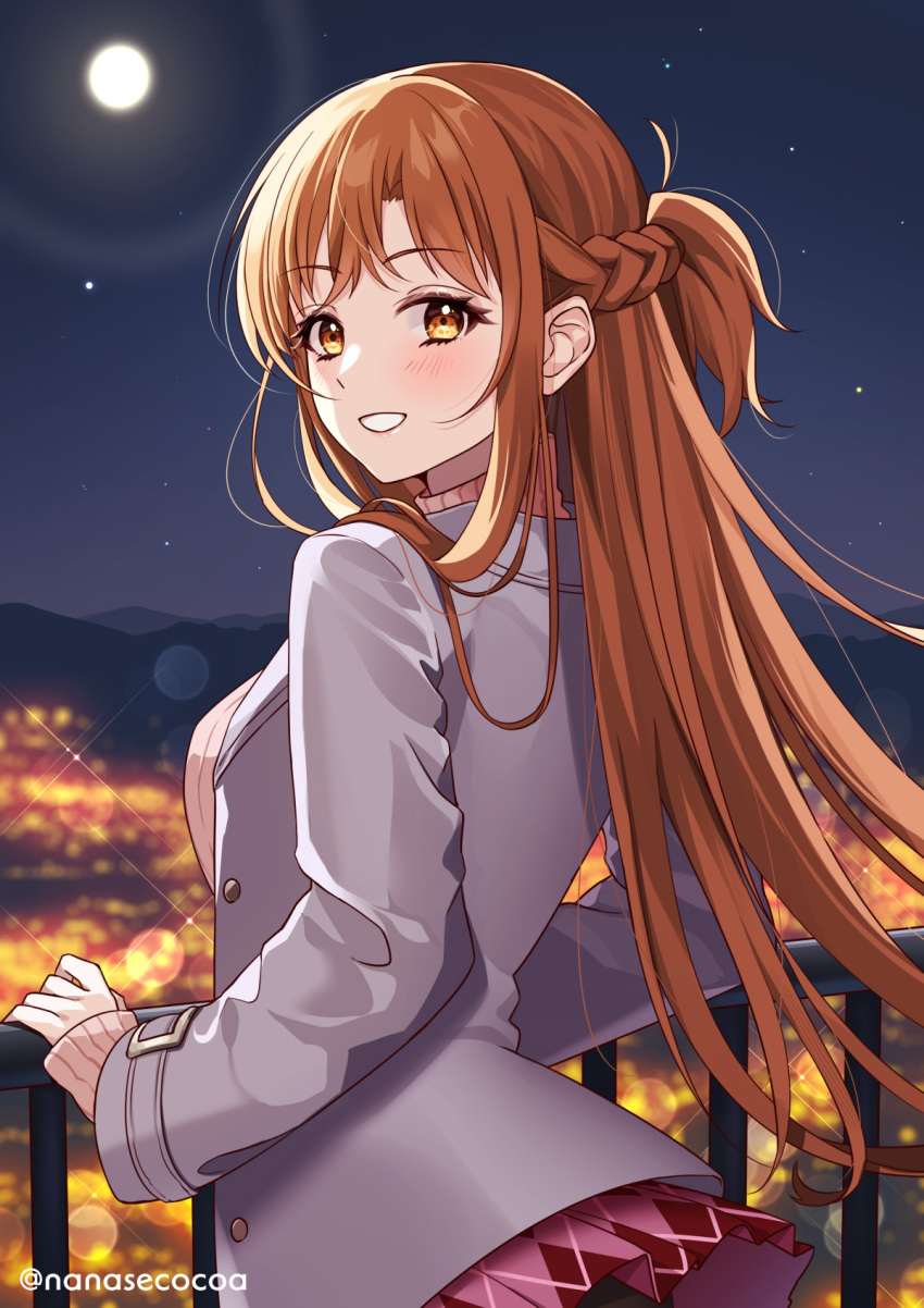 1girl asuna_(sao) braid brown_eyes brown_hair city_lights commentary_request dating french_braid fujishiro_kokoa full_moon grey_jacket handrail highres jacket long_hair long_sleeves looking_at_viewer looking_back miniskirt moon night night_sky paid_reward_available parted_lips pink_skirt pink_sweater pleated_skirt red_skirt short_ponytail sidelocks skirt sky skyline smile solo sweater sword_art_online twitter_username two-tone_skirt