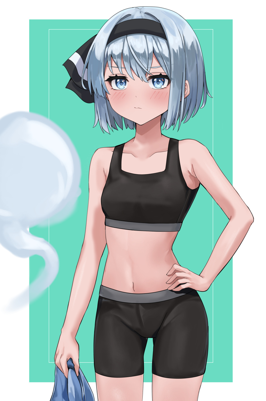 1girl absurdres alternate_costume aqua_background bare_arms bike_shorts black_bra black_hairband black_shorts blue_eyes blush bra breasts closed_mouth collarbone cowboy_shot grey_hair hair_between_eyes hairband hand_on_own_hip highres holding konpaku_youmu konpaku_youmu_(ghost) makeup mascara medium_hair navel ramiki short_shorts shorts small_breasts solo sports_bra sportswear standing thigh_gap touhou underwear