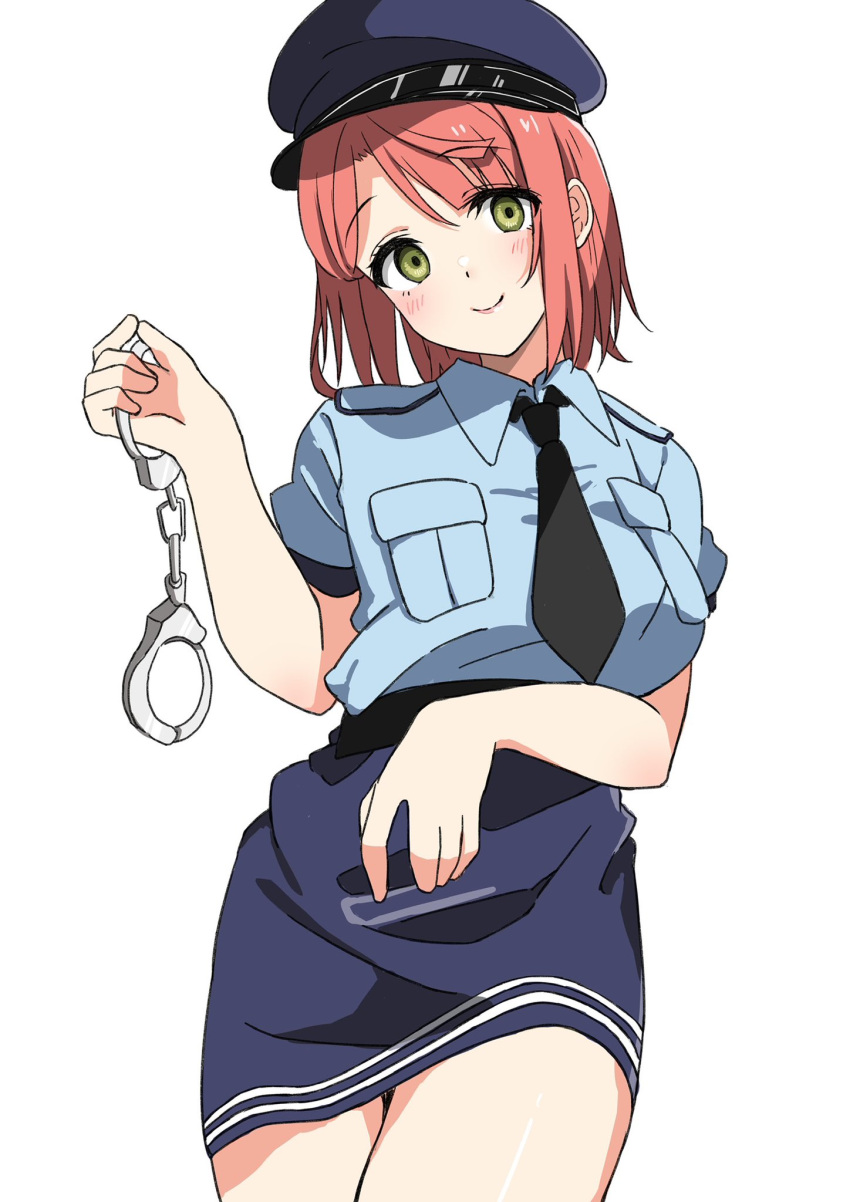 1girl black_necktie blue_shirt blue_skirt blush closed_mouth collared_shirt commentary_request contrapposto cuffs djpwjd1 handcuffs hat head_tilt highres holding holding_handcuffs looking_at_viewer love_live! love_live!_nijigasaki_high_school_idol_club necktie pencil_skirt pink_hair police police_hat police_uniform policewoman shirt short_hair short_sleeves single_sidelock skirt smile solo standing swept_bangs uehara_ayumu uniform upper_body white_background yellow_eyes