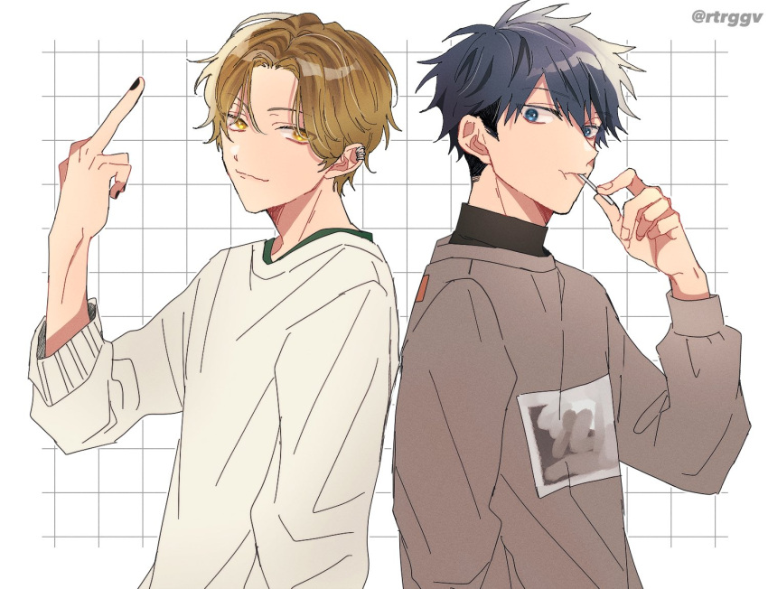 2boys bishounen black_nails blonde_hair blue_eyes brown_sweater closed_mouth food food_in_mouth given hair_between_eyes kashima_hiiragi_(given) light_smile long_sleeves looking_at_viewer middle_finger multiple_boys nail_polish popsicle popsicle_in_mouth rtrggv short_hair sweater twitter_username uenoyama_ritsuka white_background yellow_eyes