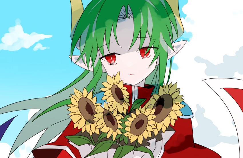 1boy blue_sky bouquet bright_pupils chocoduyou closed_mouth cloud cloudy_sky coat day demon_boy demon_horns flower frown green_hair highres holding holding_bouquet horns long_hair looking_to_the_side male_focus pale_skin parted_bangs pointy_ears puyopuyo red_coat red_eyes satan_(puyopuyo) sideways_glance sky slit_pupils solo sunflower white_pupils yellow_flower