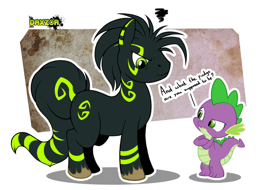 black_body black_hair confused crossed_arms dax daxzor dragon english_text equine feral friendship_is_magic green_eyes green_spikes hair hasbro horse male mammal markings my_little_pony ponification pony purple_body scalie simple_background spike_(mlp) text
