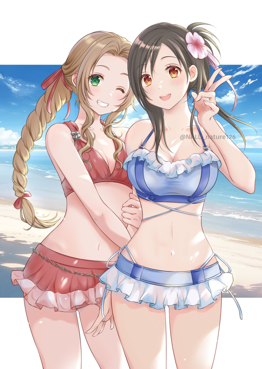 2girls aerith_gainsborough aerith_gainsborough_(pink_mermaid) arm_hug beach bikini bikini_skirt black_hair braid braided_ponytail breasts brown_eyes brown_hair cleavage final_fantasy final_fantasy_vii final_fantasy_vii_rebirth final_fantasy_vii_remake flower frilled_bikini frills green_eyes hair_flower hair_ornament highres large_breasts medium_breasts microskirt multiple_girls nalu official_alternate_costume official_alternate_hairstyle pink_bikini skirt smile standing swimsuit thong_bikini tifa_lockhart tifa_lockhart_(shining_spirit) v white_bikini