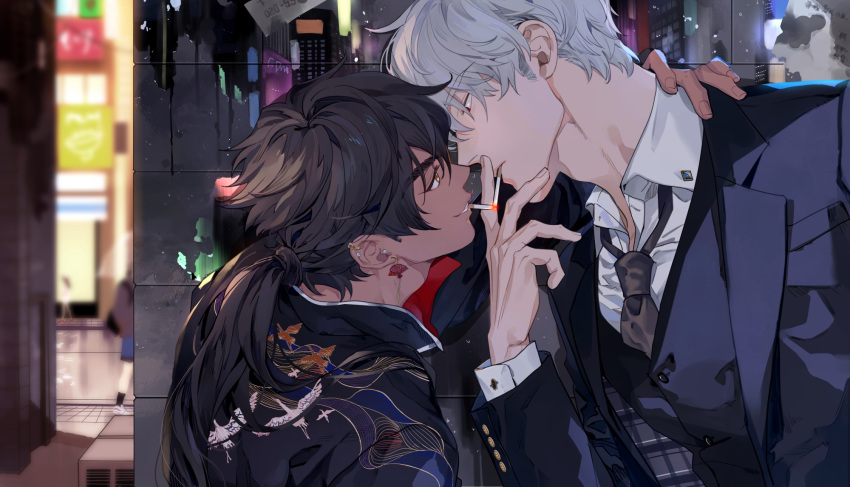 1boy 2boys black_hair black_necktie chinese_clothes city dark_skin ear_piercing eye_contact gyou_chin hand_on_another's_shoulder highres looking_at_another low_ponytail male_focus multiple_boys muscular necktie original piercing road smoking street suit white_hair yaoi