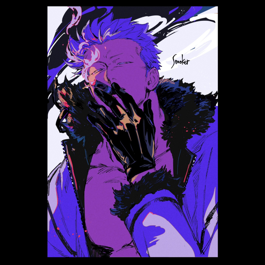 1boy beard_stubble black_border black_gloves border character_name cigar facial_hair from_below fur-trimmed_jacket fur_trim gloves highres jacket kabane_(rjev8385) looking_to_the_side male_focus no_shirt one_piece open_clothes open_jacket purple_theme short_hair smoke smoker_(one_piece) solo stubble upper_body