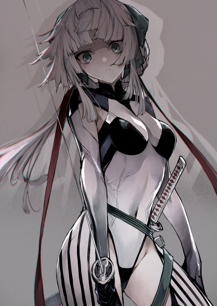 1girl absurdres armpit_cutout belt black_bodysuit bodysuit braided_hair_rings breasts clothing_cutout covered_navel earrings fate/grand_order fate/samurai_remnant fate_(series) green_eyes hair_ribbon highleg highres jewelry katana kino_kokko long_hair looking_at_viewer medium_breasts ponytail ribbon shaded_face sidelocks solo sword thigh_cutout thighs two-tone_bodysuit weapon white_bodysuit white_hair yui_shousetsu_(fate) yui_shousetsu_(first_ascension)_(fate)